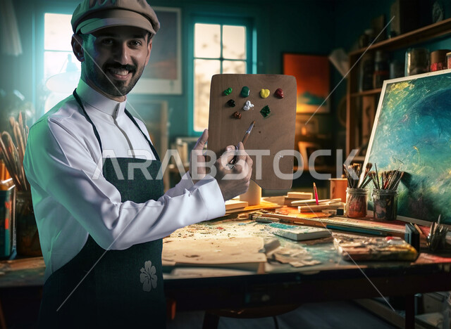 مفهوم الموهبة و الإبداع, الشغف في ممارسة الفنون اليدوية و الهوايات المفضلة, صورة مقربة لرسام عربي خليجي سعودي يرتدي الثوب التقليدي و مريلة الرسم يحمل بيده لوح الالوان ينظر الى الكاميرا بإيماءات السرور, أنشطة ترفيهية فنية ممتعة
