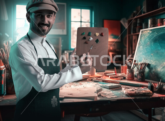 مفهوم الموهبة و الإبداع, الشغف في ممارسة الفنون اليدوية و الهوايات المفضلة, صورة مقربة لرسام عربي خليجي سعودي يرتدي الثوب التقليدي و مريلة الرسم يحمل بيده لوح الالوان ينظر الى الكاميرا بإيماءات السرور, أنشطة ترفيهية فنية ممتعة