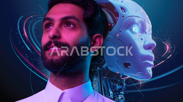 تحقيق الثورة الصناعية، بورتريه مقرب لسايبورغ آلي متطور ذكي مع رجل عربي خليجي سعودي ينظر الى شيء ما بإيماءات السرور, الابتكار والعلوم وتكنولوجيا الذكاء الاصطناعي, رؤية مستقبلية سعودية 2030، التطور والتقدم التكنولوجي، تصاميم ثلاثية الأبعاد للروبوتات، خلفية زرقاء