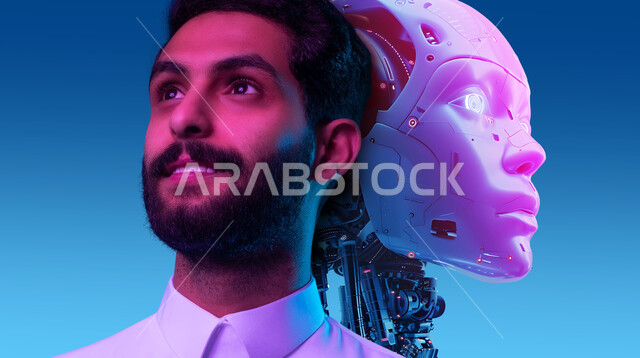 تحقيق الثورة الصناعية، بورتريه مقرب لسايبورغ آلي متطور ذكي مع رجل عربي خليجي سعودي ينظر الى شيء ما بإيماءات السرور, الابتكار والعلوم وتكنولوجيا الذكاء الاصطناعي, رؤية مستقبلية سعودية 2030، التطور والتقدم التكنولوجي، تصاميم ثلاثية الأبعاد للروبوتات، خلفية زرقاء