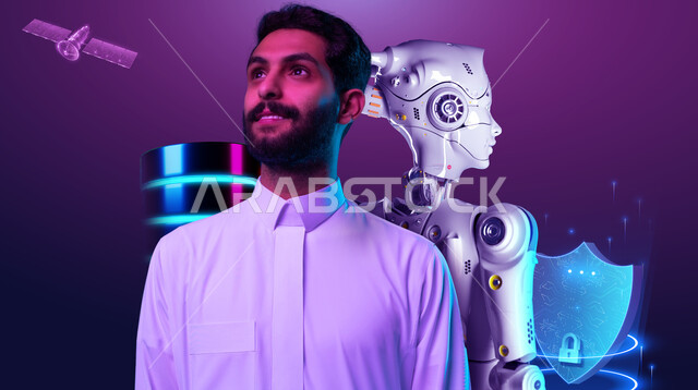 التطور والتقدم التكنولوجي، تحقيق الثورة الصناعية، بورتريه مقرب لسايبورغ آلي متطور ذكي مع رجل عربي خليجي سعودي ينظر الى شيء ما بإيماءات السرور, الابتكار والعلوم وتكنولوجيا الذكاء الاصطناعي, رؤية مستقبلية سعودية 2030، تصاميم ثلاثية الأبعاد للروبوتات، خلفية بنفسجية