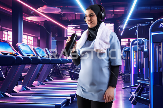 Stationary exercise bike, healthy quality of life, physical activity to maintain physical fitness, close-up of smiling veiled Saudi Arabian Gulf young woman wearing sportswear and headphones drinking water while training on bicycle