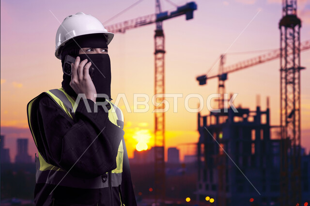 نهضة المجتمع السعودي بسواعد أبنائه، وظائف نسائية هندسية في المملكة, دمج التقنيات التكنولوجية بالمجال الهندسي، صورة مقربة لمهندسة عربية خليجية سعودية منقبة ترتدي الخوذة البيضاء وسترة الحماية تمسك الهاتف المحمول تقوم بإجراء مكالمة هاتفية وقت الغروب