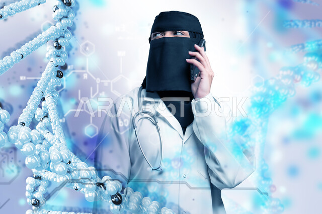 العمل في القطاع الصحي, استخدام التقنيات والأجهزة الحديثة، صورة مقربة لطبيبة عربية خليجية سعودية محجبة ترتدي المعطف الطبي الأبيض والنقاب تمسك بيدها الهاتف المحمول تقوم بإجراء مكالمة صوتية، تقديم الخدمات العلاجية، عناصر هولوجرامية ثلاثية الأبعاد