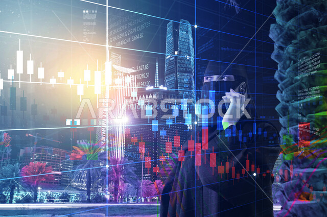 استخدام التقنيات والأجهزة الحديثة, صورة مقربة لسيدة عربية خليجية سعودية منقبة ترتدي العباءة السوداء تمسك بيدها الهاتف المحمول تقوم بإجراء مكالمة صوتية، التواصل مع الأهل والأصدقاء، خلفية الأبراج مع العناصر الهولوجرامية المضيئة