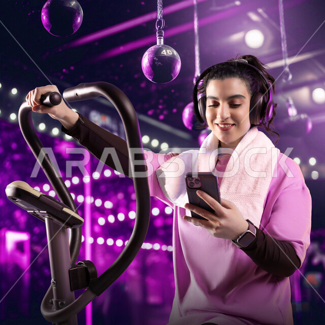 Having fun while working out, concept of fitness and agility, using modern technology devices, healthy lifestyle, close-up of a young Saudi Arabian Gulf woman wearing sportswear, wearing headphones and using a mobile phone with gestures of pleasure, browsing social media sites