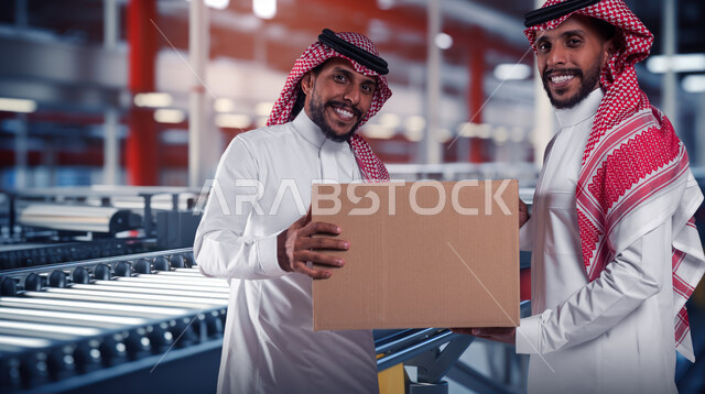 خدمات التوصيل المنزلي، صورة مقربة لشابين توءم عربيين خليجيين سعوديين يحملان صندوق مشتريات الاونلاين السريع ينظران الى الكاميرا بإيماءات الفرح والسرور، جودة شركات الشحن السعودية، مفهوم التسوق الذكي، استلام الطلبات الالكترونية