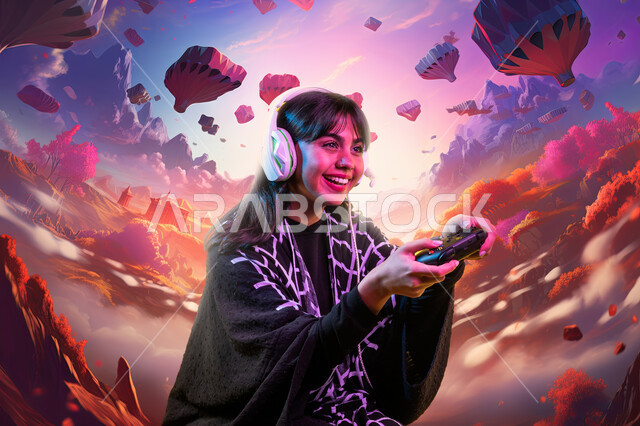 اجهزة وتقنيات حديثة، تعابير الاندماج والتفاعل، صورة مقربة لشابة عربية خليجية سعودية مبتسمة ترتدي العباءة وسماعات الرأس تحمل بيدها عصا التحكم تقوم باللعب في ألعاب الفيديو بإيماءات الحماس والسرور، الشعور بالفرح والسعادة