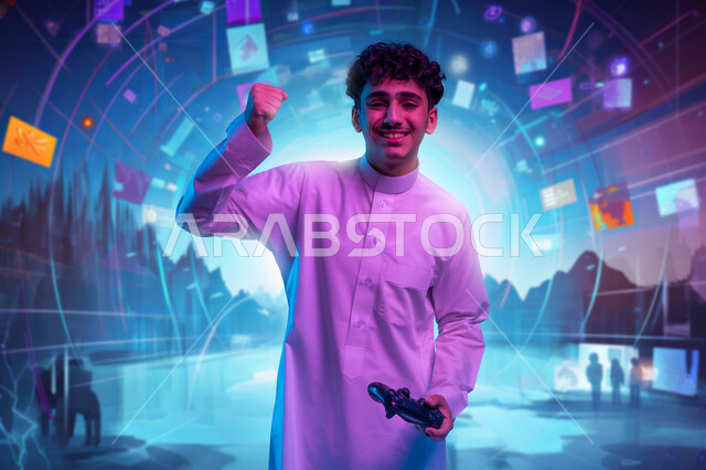 تعابير الاندماج والتفاعل، بورتريه لشاب عربي سعودي خليجي يرتدي الثوب التقليدي يحمل بيده عصا التحكم يقوم باللعب في ألعاب الفيديو ينظر الى الكاميرا يرفع يده للاعلى بإيماءات الحماس والسرور، اجهزة وتقنيات الكترونية حديثة ترفيهيه, خلفية ملونة