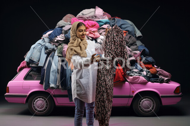 الاهتمام والاعتناء بالأناقة والمظهر الخارجي، التسوق وشراء الألبسة، بورتريه لشابة عربية خليجية سعودية ترتدي الزي الكاجوال تقف امام كومة من الملابس فوق سيارة تحمل بيديها الثياب تقوم بالاختيار، الاستفادة من العروض والتخفيضات الموسمية، خلفية سوداء