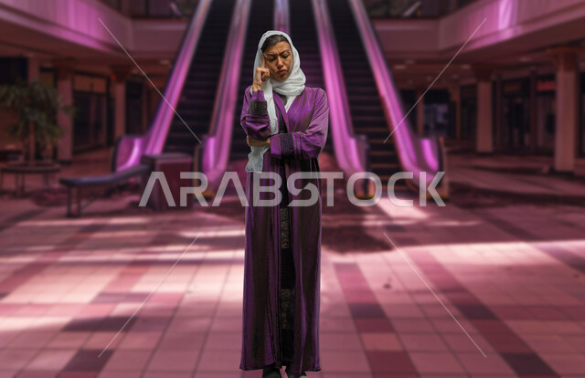 Thinking and planning about a topic, solving problems and making decisions, a veiled Saudi Arabian Gulf woman wearing a colorful abaya putting her hand on her face with gestures of thinking and confusion, feeling tired and exhausted, full body image