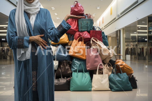 الاهتمام والاعتناء بالأناقة والمظهر الخارجي، التسوق وشراء الألبسة، صورة مقربة لسيدة عربية خليجية سعودية محجبة ترتدي العباءة تشير بيدها الى كومة من الحقائب، الاستفادة من العروض والتخفيضات الموسمية