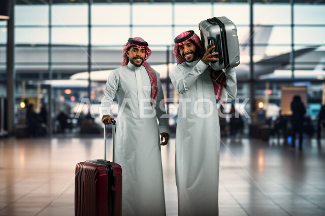 مفهوم السياحة والقيام بالجولات الترفيهية في وقت الإجازة، صديقان عربيان خليجيان سعوديان يرتديان الشماغ والثوب التقليدي يحملان حقائب السفر يقومان بالاستعداد للانطلاق في رحلة، النظر الى الكاميرا بإيماءات الحماس والسرور، صورة الجسم بالطول الكامل