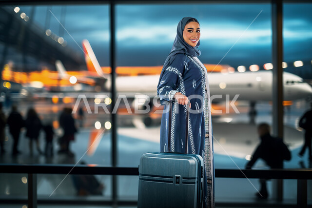 مفهوم السياحة والقيام بالجولات الترفيهية في وقت الإجازة, سيدة عربية خليجية سعودية محجبة ترتدي العباءة تمسك بيدها حقيبة السفر تقوم بانتظار موعد الطائرة تنظر الى الكاميرا بإيماءات السرور والحماس، الاستعداد لبدء الرحلة في العطلة الصيفيه