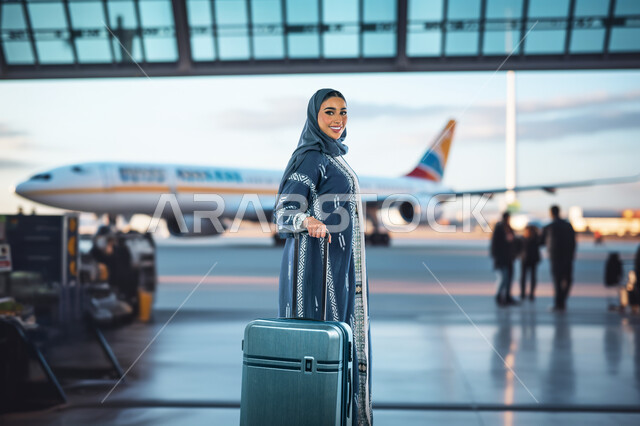 مفهوم السياحة والقيام بالجولات الترفيهية في وقت الإجازة, سيدة عربية خليجية سعودية محجبة ترتدي العباءة تمسك بيدها حقيبة السفر تقوم بانتظار موعد الطائرة تنظر الى الكاميرا بإيماءات السرور والحماس، الاستعداد لبدء الرحلة في العطلة الصيفيه