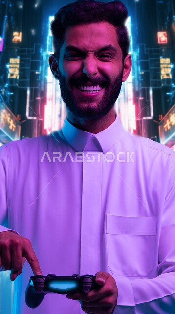 التفاعل و الاندماج مع ألعاب الفيديو، صورة مقربة لشاب عربي سعودي خليجي يرتدي الثوب التقليدي يحمل بيده عصا التحكم يقوم بالضغط على الازرار ينظر الى الكاميرا بإيماءات الحماس والسرور، اجهزة وتقنيات الكترونية حديثة ترفيهيه