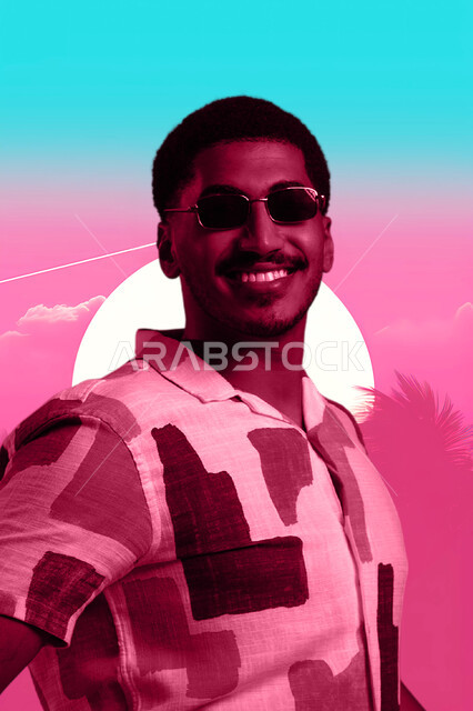 الأناقة والاهتمام بالمظهر الخارجي، صورة مقربة لشاب عربي خليجي سعودي مبتسم يرتدي الزي الكاجوال والنظارة الشمسية ينظر إلى الكاميرا بإيماءات السرور والبهجة والسعادة، مفهوم الرجولة والثقة بالنفس، قضاء عطلة صيفية ممتعة