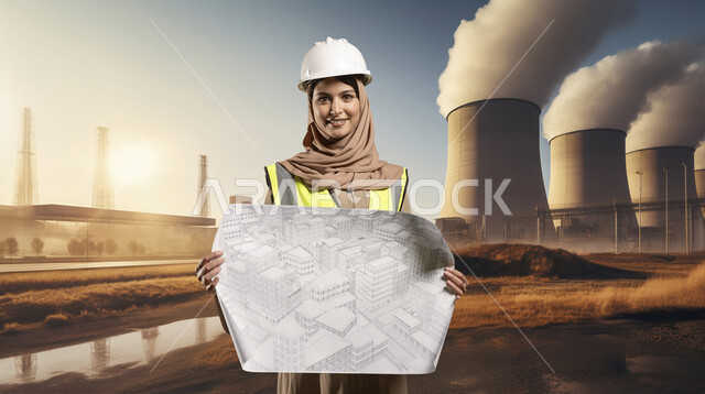 متابعة الأعمال الهندسية, المخططات الانشائية المعمارية, تنمية وتطور السعودية على يد أبناء الوطن, صورة مقربة لمهندسة عربية خليجية سعودية مبتسمة ترتدي الخوذة وسترة الحماية تمسك بيدها المخطط تنظر إلى الكاميرا بإيماءات الثقة بالنفس تقف في موقع العمل