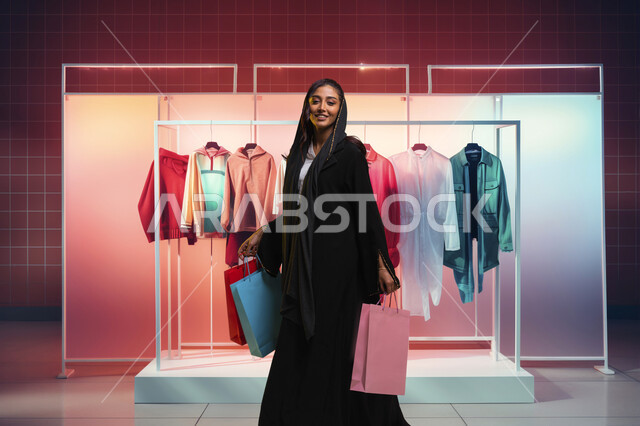 التسوق وشراء الألبسة، الاستفادة من العروض والتخفيضات الموسمية، سيدة عربية خليجية سعودية محجبة ترتدي العباءة تقف امام علاقة ملابس تحمل بيدها اكياس ورقية ملونة تنظر الى الكاميرا بإيماءات الفرح والسرور, الاهتمام والاعتناء بالمظهر الخارجي