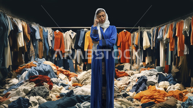 الشعور بالانزعاج وعدم الرضا، مفهوم عالم الموضة, سيدة عربية خليجية سعودية محجبة ترتدي العباءة تضع يدها على وجهها بإيماءات الغضب وعدم الاعجاب تقف أمام كومة من الاقمشة, الكميات الكبيرة من الالبسة المهملة و المنتجة، صورة الجسم بالطول الكامل