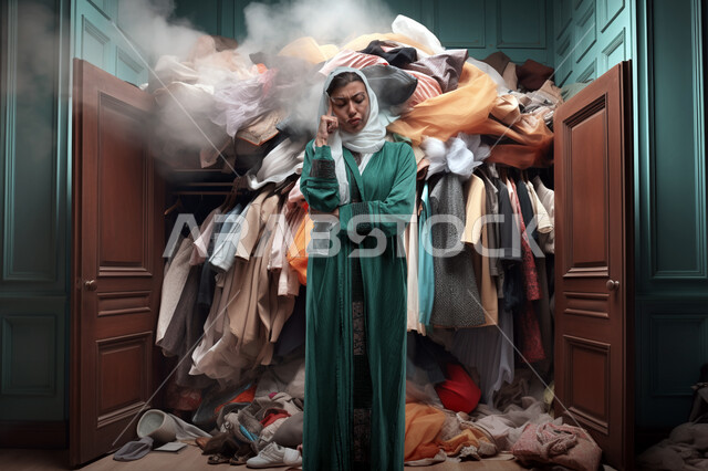 الشعور بالانزعاج وعدم الرضا، مفهوم عالم الموضة, سيدة عربية خليجية سعودية محجبة ترتدي العباءة تضع يدها على وجهها بإيماءات الغضب وعدم الاعجاب تقف أمام كومة من الاقمشة, الكميات الكبيرة من الالبسة المهملة و المنتجة، صورة الجسم بالطول الكامل