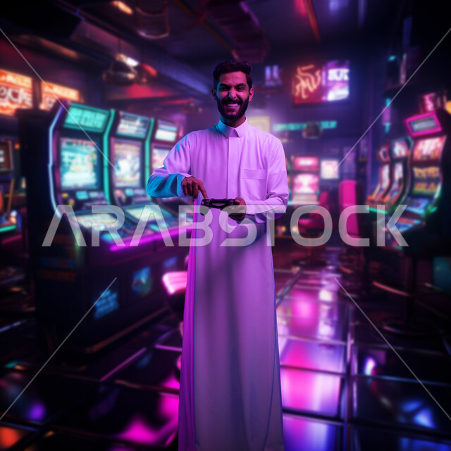 التفاعل و الاندماج مع ألعاب الفيديو، شاب عربي سعودي خليجي يرتدي الثوب التقليدي يحمل بيده عصا التحكم يقف في صالة الالعاب ينظر الى الكاميرا بإيماءات الحماس والسرور، اجهزة وتقنيات الكترونية حديثة ترفيهيه, صورة الجسم بالطول الكامل