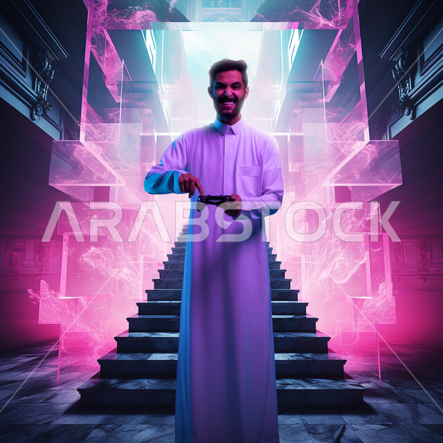 الاندماج والتفاعل مع ألعاب الفيديو، شاب عربي سعودي خليجي يرتدي الثوب التقليدي يحمل عصا التحكم ينظر الى الكاميرا بإيماءات الحماس والسرور، اجهزة وتقنيات الكترونية حديثة ترفيهيه, خطوط هولوجرامية مضيئة، صورة الجسم بالطول الكامل