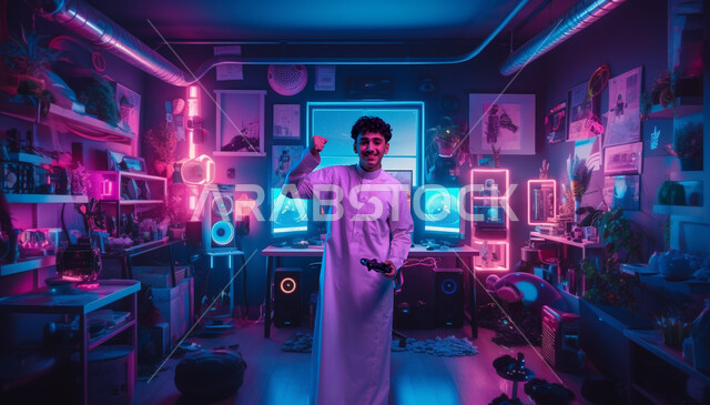 تعابير التفاعل و الاندماج مع ألعاب الفيديو، شاب عربي سعودي خليجي يرتدي الثوب التقليدي يقف في غرفته يحمل عصا التحكم ينظر الى الكاميرا يرفع يده للاعلى بإيماءات الحماس والسرور، اجهزة وتقنيات الكترونية حديثة ترفيهيه, صورة الجسم بالطول الكامل