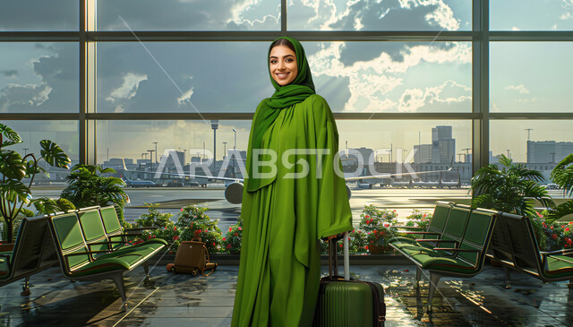الاستعداد لبدء الرحلة في العطلة الصيفيه, مفهوم السياحة والقيام بالجولات الترفيهية في وقت الإجازة, سيدة عربية خليجية سعودية محجبة مبتسمة ترتدي العباءة الخضراء تمسك بيدها حقيبة السفر تقوم بانتظار موعد الطائرة، النظر الى الكاميرا بإيماءات السرور والحماس