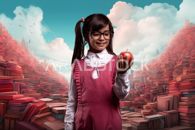 الإستعداد للعام الدراسي الجديد، العودة الى المداس، طالبة عربية خليجية سعودية ترتدي الزي المدرسي والنظارة الطبية تحمل بيدها تفاحة حمراء تنظر اليها، تعابير الحماس والنشاط، الغذاء والوجبات الصحية خلال الدوام، خلفية الكتب المدرسية