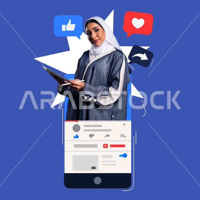 مجموعة من الرموز التفاعلية المتنوعة، بورتريه لسيدة عربية خليجية سعودية محجبة ترتدي العباءة تقوم باستخدام جهاز التابليت المحمول تنظر الى الكاميرا بإيماءات الثقة بالنفس، منشورات برامج ومواقع التواصل الاجتماعي، خلفية زرقاء
