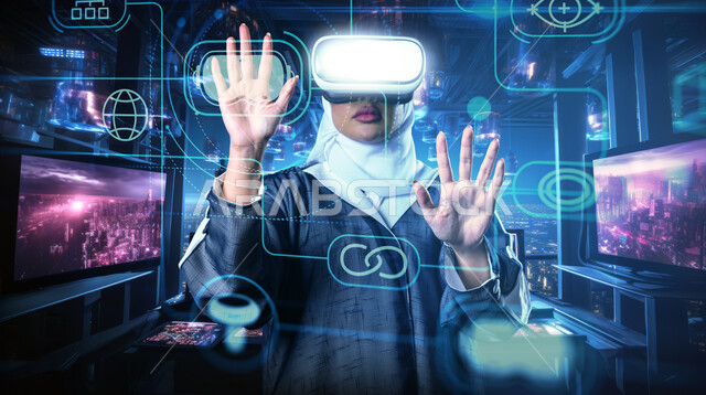 محاكاة العالم الخيالي، تعابير الاندماج والتفاعل مع الواقع الافتراضي، صورة مقربة لسيدة عربية خليجية سعودية محجبة ترتدي العباءة ونظارات الفي آر تحاول لمس العناصر الهولوجرامية المضيئة،  مفهوم التطور الرقمي والتكنولوجي