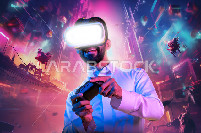 محاكاة العالم الخيالي، تعابير الاندماج والتفاعل، بورتريه مقرب لشاب عربي سعودي خليجي يرتدي الثوب التقليدي ونظارات الواقع الافتراضي يحمل عصا التحكم يقوم باللعب في ألعاب الفيديو ينظر الى الكاميرا بإيماءات الحماس، اجهزة وتقنيات حديثة, خلفية ملونة