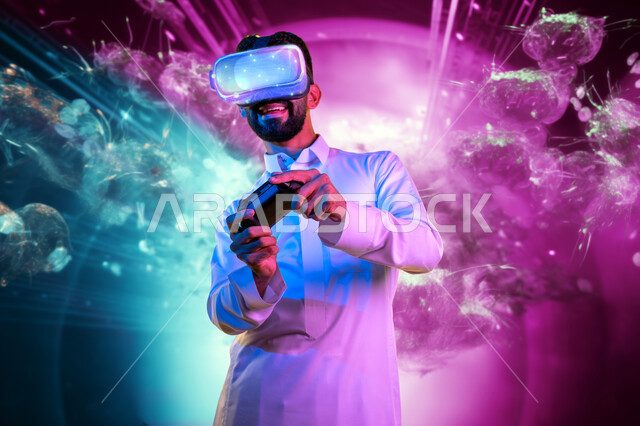 Fantasy world simulation, expressions of integration and interaction, close-up portrait of a young Saudi Arabian Gulf man wearing traditional dress and virtual reality glasses holding a joystick playing video games looking at the camera with enthusiastic gestures, modern devices and technologies, colorful background