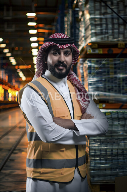 مهن ووظائف سعودية، مفهوم الهندسة والانشاءات المعمارية، صورة مقربة لمهندس عربي خليجي سعودي مبتسم يرتدي الشماغ وسترة الحماية يقف بأيدي متقاطعه في موقع العمل ينظر إلى الكاميرا بإيماءات السرور، العمل في القطاع الهندسي، الإعمار بسواعد أبناء الوطن