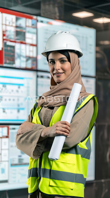 Architectural construction plans, development and progress of Saudi Arabia by the sons of the homeland, follow-up of engineering works, close-up of a smiling Saudi Arabian Gulf engineer wearing a protective helmet and a work jacket holding the plan in her hand, looking at the camera with gestures of self-confidence