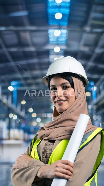 Architectural construction plans, development and progress of Saudi Arabia by the sons of the homeland, follow-up of engineering works, close-up of a smiling Saudi Arabian Gulf engineer wearing a protective helmet and a work jacket holding the plan in her hand, looking at the camera with gestures of self-confidence