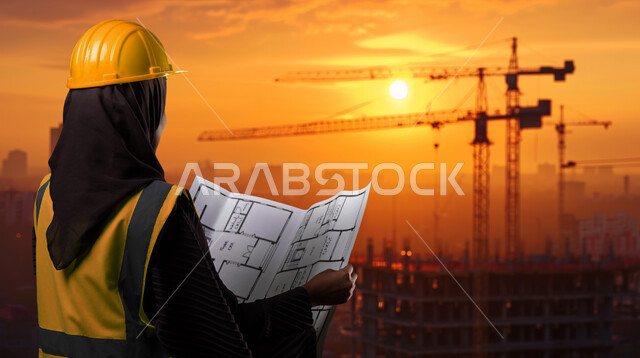 تطور وتنمية السعودية على يد أبناء الوطن, متابعة الأعمال الهندسية, المخططات الانشائية المعمارية, صورة مقربة من الخلف لمهندسة عربية خليجية سعودية ترتدي الخوذة وسترة الحماية تحمل بيدها المخططات تقف في موقع العمل وقت الغروب، مهن ووظائف نسائية