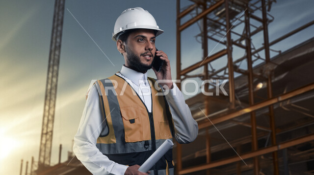 مفهوم الهندسة والانشاءات المعمارية، مهن ووظائف سعودية، صورة مقربة لمهندس عربي خليجي سعودي مبتسم يرتدي الخوذة وسترة الحماية يمسك بيده مشروع  يقوم بإجراء مكالمة هاتفية، العمل في القطاع الهندسي، الإعمار بسواعد أبناء الوطن
