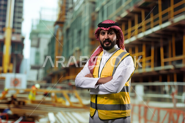 مهن ووظائف سعودية، مفهوم الهندسة والانشاءات المعمارية، صورة مقربة لمهندس عربي خليجي سعودي مبتسم يرتدي الشماغ وسترة الحماية يقف بأيدي متقاطعه في موقع العمل ينظر إلى الكاميرا بإيماءات السرور، العمل في القطاع الهندسي، الإعمار بسواعد أبناء الوطن