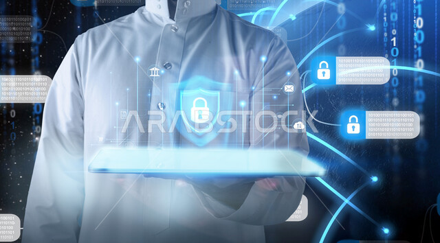 مفهوم الامن السيبراني والحفاظ على المعلومات، صورة مقربة لرجل عربي خليجي سعودي يرتدي الثوب التقليدي يحمل بيده جهاز التابليت اللوحي مع ايقونات هولوجراميه ثلاثية الابعاد مضيئة للبيانات المقفلة، عدم التمكن من الوصول الى الملفات