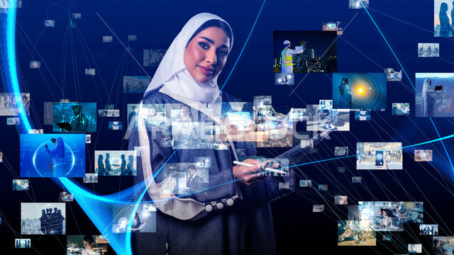 Using modern technologies, promoting the concept of digital and technological development in Saudi society, a close-up image of a veiled Saudi Arabian Gulf woman wearing an abaya looking at the camera, clicking on the illuminated icons, interacting and merging with the holographic elements