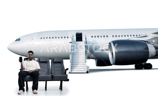 الحجوزات الالكترونية للرحلات السياحية, الاستعداد لقضاء وقت ممتع في العطلة، بورتريه لشاب عربي خليجي سعودي مبتسم يرتدي الزي الكاجوال يجلس على الكرسي امام مجسم طائرة يقوم بعرض الهاتف المحمول بشاشة سوداء فارغة, تعابير الفرح والسرور والحماس، خلفية بيضاء