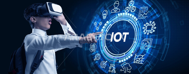 3D holographic symbols and icons illuminated, simulating fantasy world, close-up of a Saudi Arabian Gulf student wearing traditional thobe, backpack and VR glasses pointing index finger with shock and amazement gestures, growth and technological advancement in Saudi Arabia