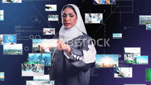 تعزيز مفهوم التطور الرقمي والتكنولوجي في المجتمع السعودي، استخدام التقنيات الحديثة، صورة مقربة لإمرأة عربية خليجية سعودية محجبة ترتدي العباءة تقوم بالنقر على الايقونات والشرائح المضيئة بإيماءات الانزعاج، التفاعل والاندماج مع العناصر الهولوجرامية
