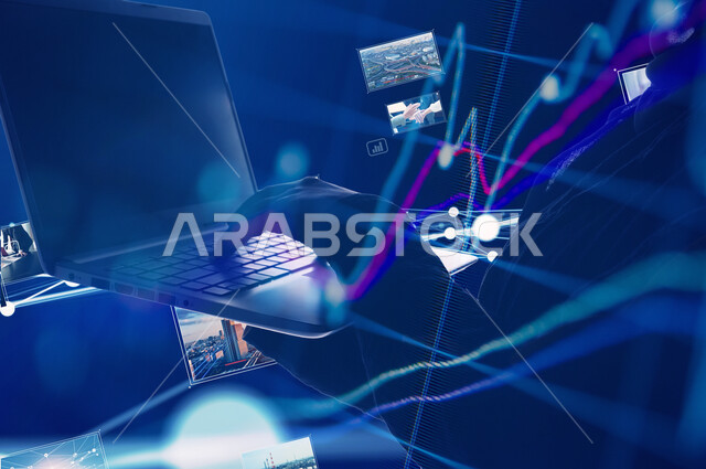 Using modern technologies, promoting the concept of digital and technological development in Saudi society, a close-up image of a Saudi Arabian Gulf woman's hand working on a laptop, interacting and merging with the illuminated holographic lines and elements