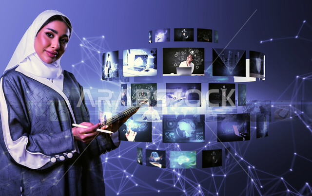 Promoting the concept of digital and technological development in Saudi society, using modern technologies, a close-up image of a veiled Saudi Arabian Gulf woman wearing an abaya holding a tablet device looking at the camera with gestures of pleasure, interaction and integration with holographic elements