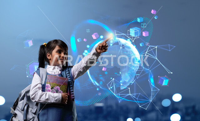 النمو والتقدم التقني، الإستعداد للعام الدراسي الجديد، العودة الى المداس، طالبة عربية خليجية سعودية ترتدي الزي المدرسي تحمل الحقيبة المدرسية والكتب تشير بإصبع السبابة الى عناصر هولوجرامية مضيئة بإيماءات الفرح والسرور، تعابير الحماس والنشاط