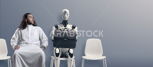 مفهوم الابتكار والعلوم والتكنولوجيا، رؤية مستقبلية سعودية 2030، التحول الرقمي والتقدم التقني، تحقيق الثورة الصناعية, بورتريه لشاب عربي خليجي سعودي يرتدي الثوب التقليدي يجلس على كرسي بجانب روبوت يحمل حقيبة العمل, خلفية رمادية