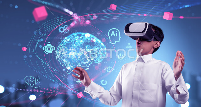 Imaginary world simulation with expressions of shock and amazement, studying via an educational platform for distance learning, close-up of a Saudi Arabian Gulf student wearing traditional dress and wearing VR glasses, 3D illuminated holographic icons, e-learning applications and programs in the Kingdom of Saudi Arabia